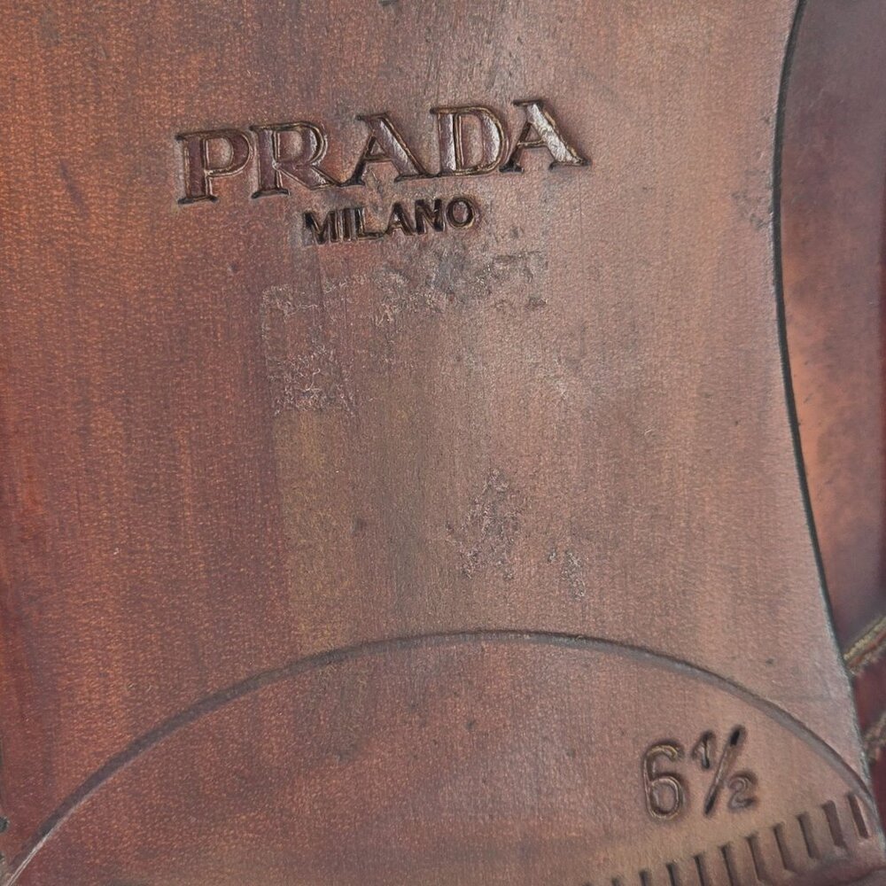 Prada Italy Mens 7.5 Distressed Brown Leather Wingtip Derby Oxfords Dress Shoes - Picture 13 of 13